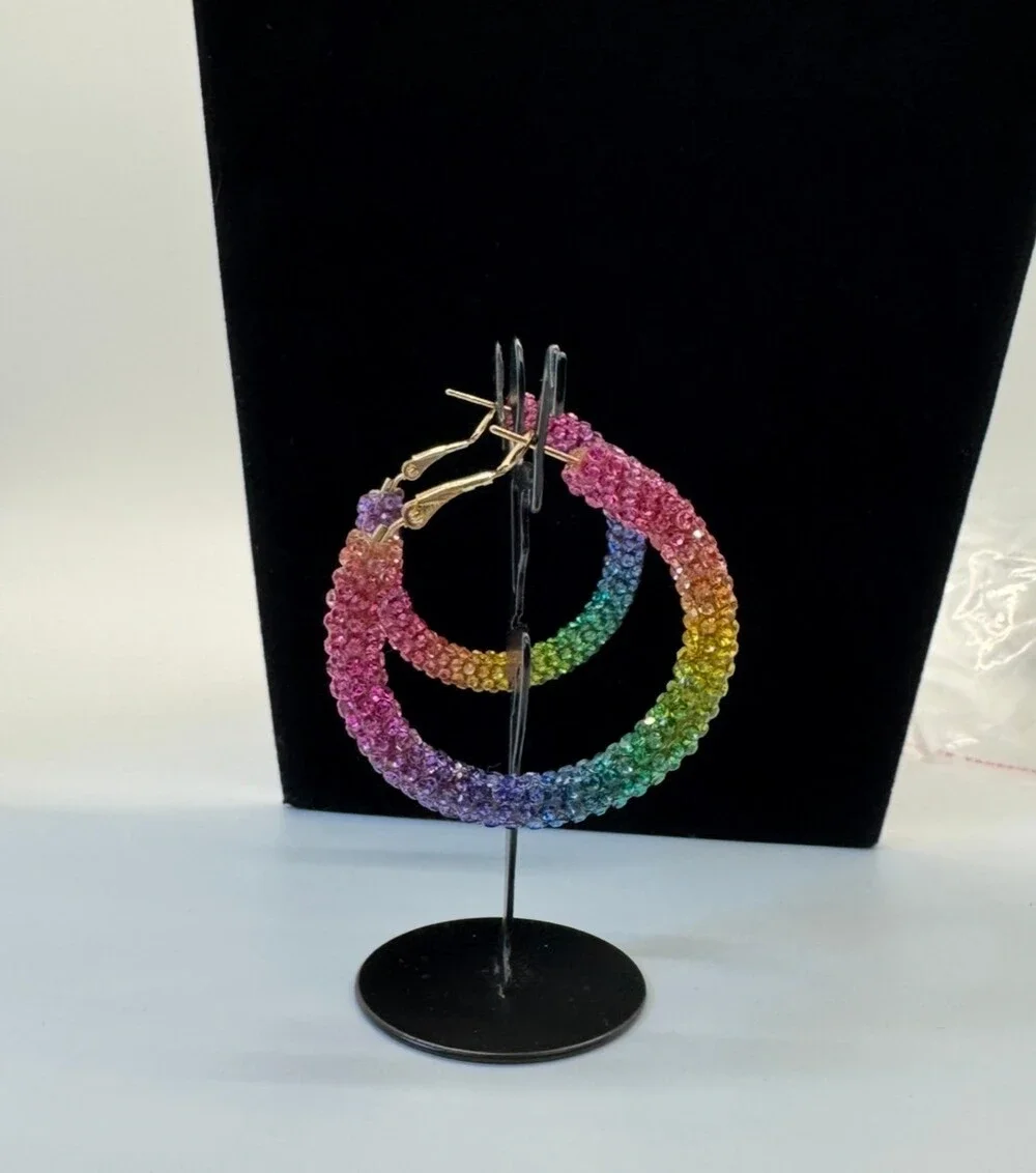Rainbow Rhinestone Hoop Earrings Gold Tone Multicolor Statement Jewelry New